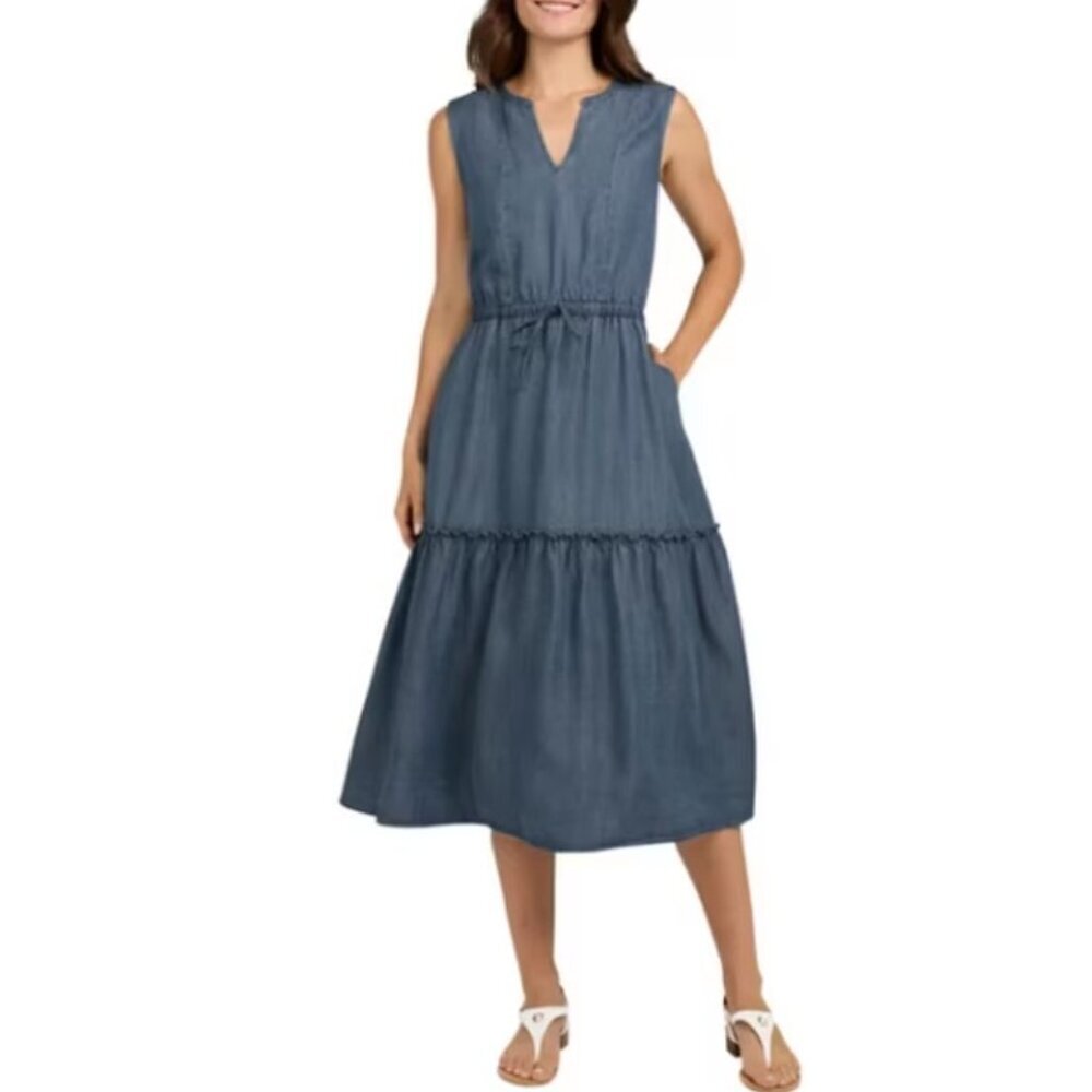 Lands' End Sleeveless Chambray Midi Dress in Denim Blue